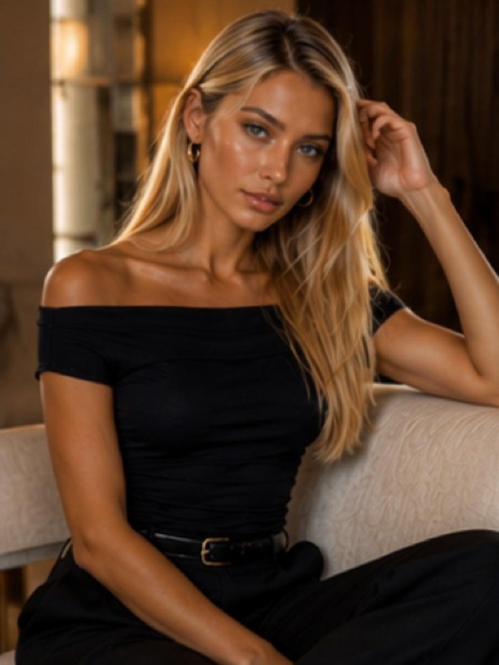Divided Black Off-Shoulder Top with White Straight-Leg Pants